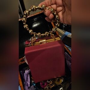 NWT Topshop Burgundy Box Clutch with Gold Bead Top Handle